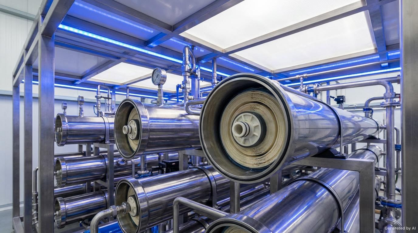 Close-up of industrial reverse osmosis membrane housings and membrane elements inside a clean RO skid.